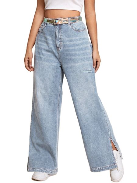 

plus ripped slit hem jeans without belt p5eo#, Blue