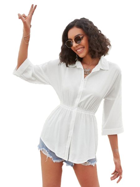 

solid drop shoulder button through peplum blouse 27tr#, White
