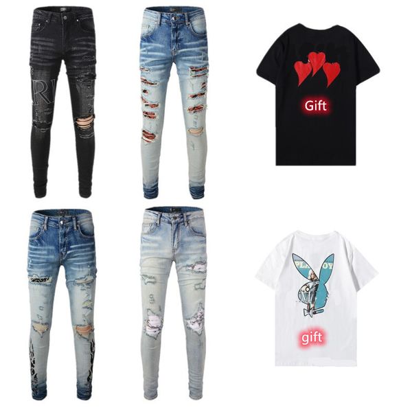 

mens jeans designer jeans skinny slim letters embroidery ripped hole letter printing denim distressed motorcycle biker pants jean, Blue