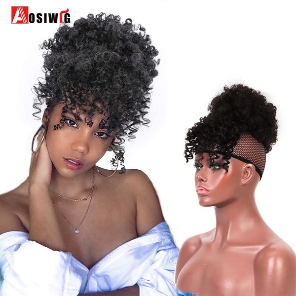 

costume accessories aosi afro puff bun with bangs drawstring chignon synthetic short kinky curly clip in hair extensions for african america, Silver