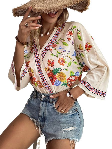 

floral print batwing sleeve bodysuit a76v#, White
