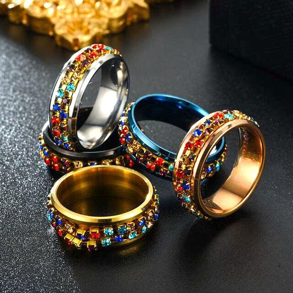 

wholesale new fashion rotatable titanium steel diamond ring female stainless steel crystal zircon couple jewelry valentine's day gift, Golden;silver