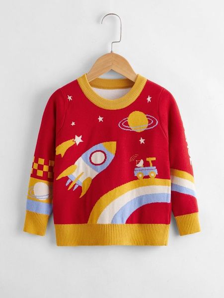 

toddler boys rocket & planet pattern sweater she01, Blue