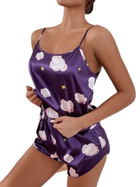 

star & clouds print satin pj set 073j#, Black;red