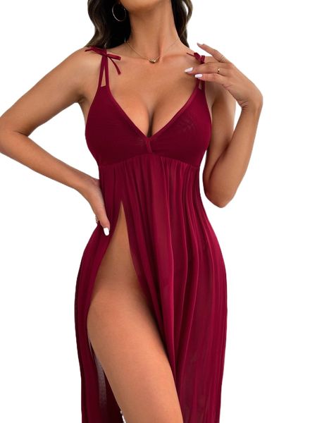

tie shoulder slit thigh mesh nightdress u1cg#, Black;red
