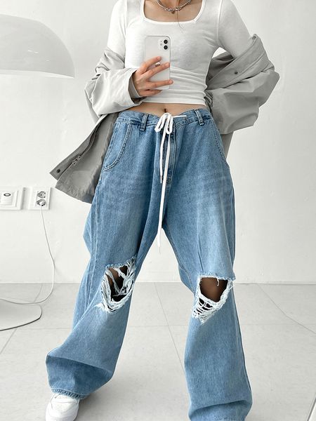 

weekeep vintage ripped jeans streetwear cutout straight low rise baggy mom jeans y2k aesthetic hiphop cargo pants basic trousers 220815, Blue
