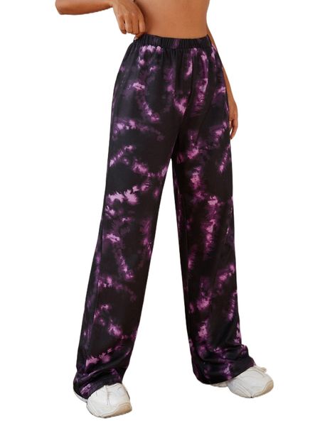 

elastic waist tie dye wide leg pants d8e6#, Black;white
