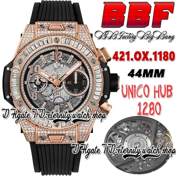 

bbf bb421.ox unico titanium mens watch hub1280 automatic chronograph rose gold baguette paved diamonds case black gray skeleton dial rubber, Slivery;brown