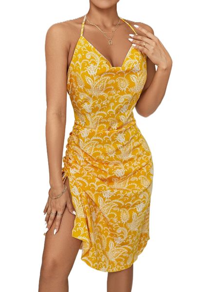 

paisley print drawstring side tie backless halter dress n4pa#, Black;gray