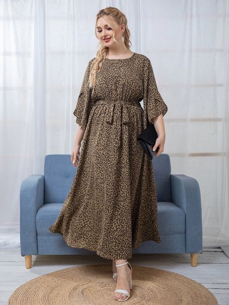 

plus dalmatian print belted dress 71eo#, Black