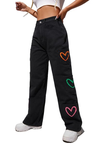 

high waisted heart print wide leg jeans t5ip#, Blue