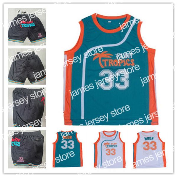 James Flint Tropics Movie Edition #33 Jackie MOON Basketball-Trikot, genäht, weiß, grün, schwarz, Shorts mit Taschen