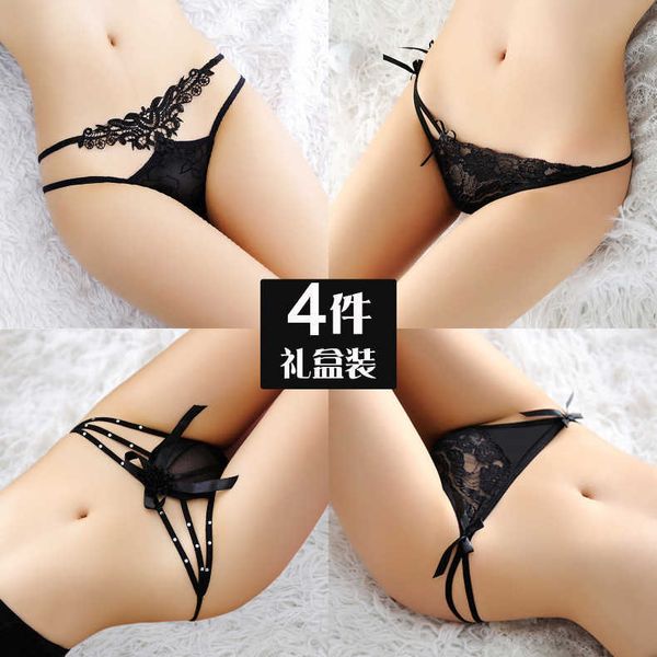 

[]4 gift boxed women's underwear perspective hollow t-pants low waist fun t-pants, Black;white