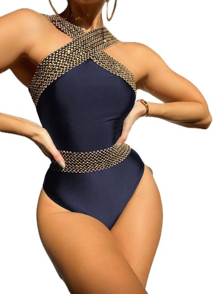 

stitch detail cross one piece swimsuit d0x2#, White;black