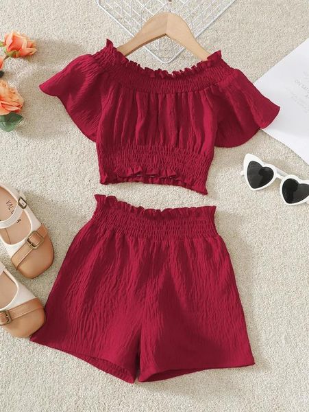 

girls shirred frill trim raglan sleeve crop & shorts she, White