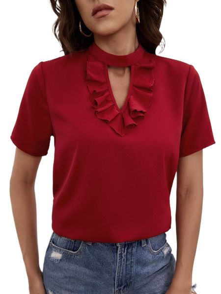 

ruffle detail keyhole neck blouse m3q6#, White