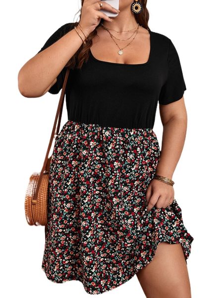 

plus ditsy floral print a-line dress w37n#, Black