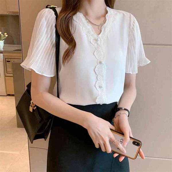 

summer white chiffon shirt short sleeve shirt ladies stitching lace button fashion womens womens 210507