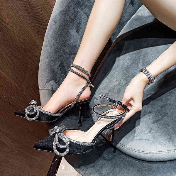 

2022 new rhinestone bow sandals women's summer versatile strap buckle with thin heel pointed high heels, Black