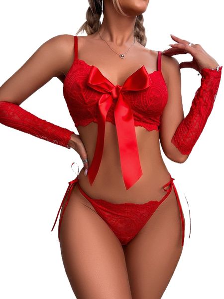 

3pack floral lace big bow decor lingerie set & oversleeves h6jf#, Black;red