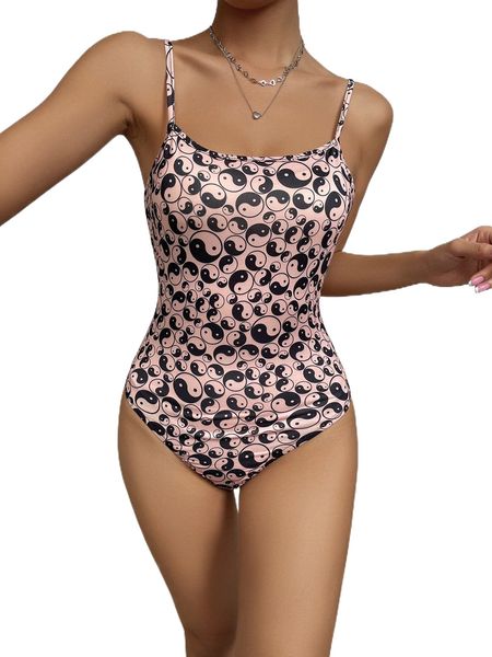 

yin & yang print cami bodysuit 63oy#, White