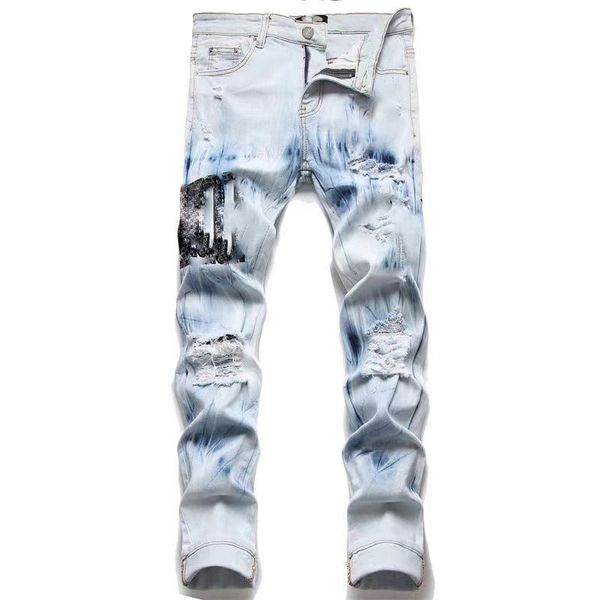 

2022 european and american men's designer ripped jeans hip-hop high street fashion brand cycling motorcycle embroidery close-fitting sl, Blue