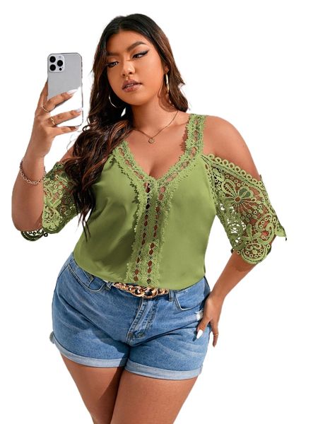 

plus contrast guipure lace cold shoulder blouse 30fb#, Black