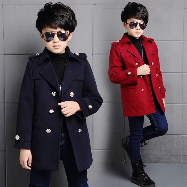 

korean boys winter coat england style thick kids outerwear fashion long kids wool coat handsome children jacket boys coat lj201202, Blue;gray
