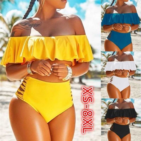 

2021 summer new split swimsuit off shoulder ruffle split beach bikini no logo