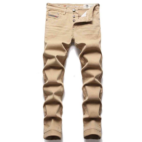 

men's jeans am european men jean khaki simple trend elastic slim fit leggings high-end versatile pants nn210hjl, Blue