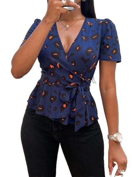 

random allover print puff sleeve belted blouse 68fl#, White