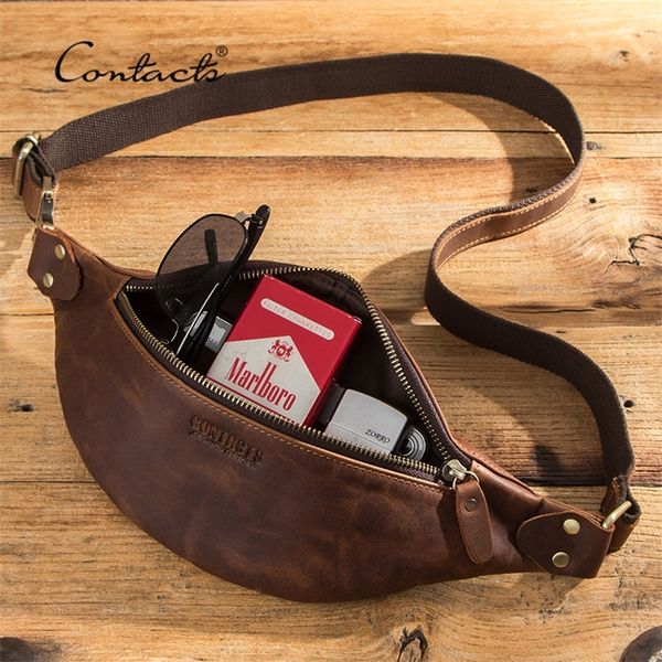

contacts genuine crazy horse leather waist packs for men travel fanny pack single shoulder bag for phone male chest bags 220607