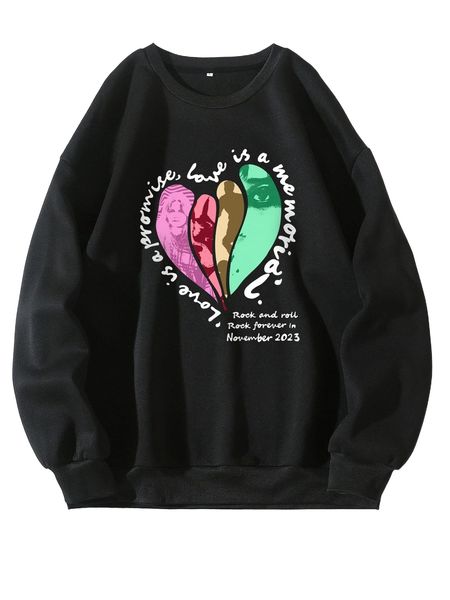 

slogan & figure graphic thermal pullover 117a#, Black
