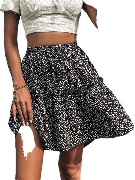 

high waist dalmatian print ruffle hem knot front skirt e9ag#, Black