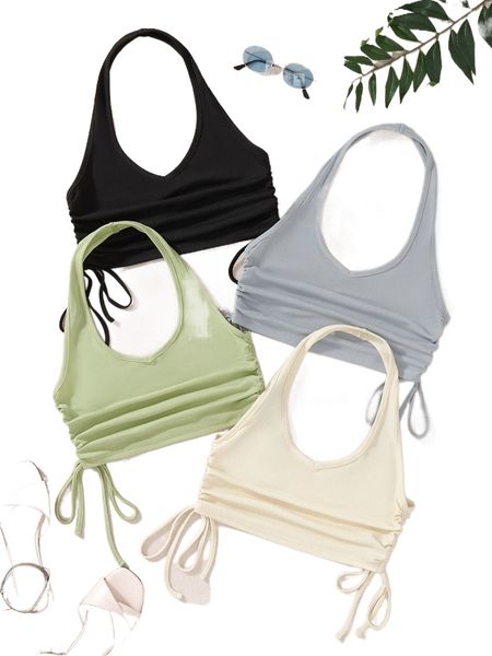 

4pcs drawstring side backless halter e4ur#, White