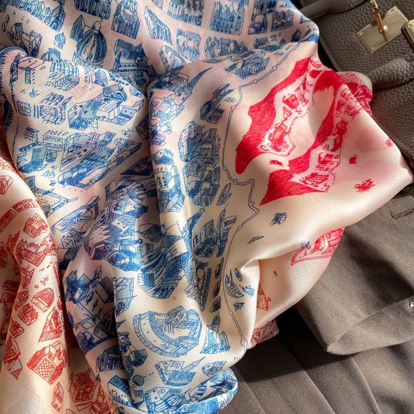 

and summer spring ladies new fashion classic landscape print silk scarf elegant and beautiful sunscreen long towel, Blue;gray