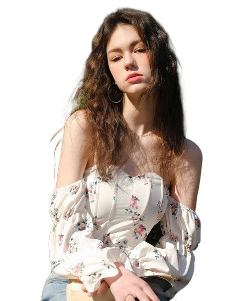 

floral print off shoulder flounce sleeve blouse s8y4#, White