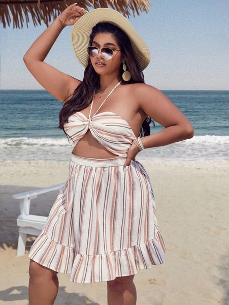 

plus colorful striped cut out halter neck ruffle hem dress n6wi#, Black