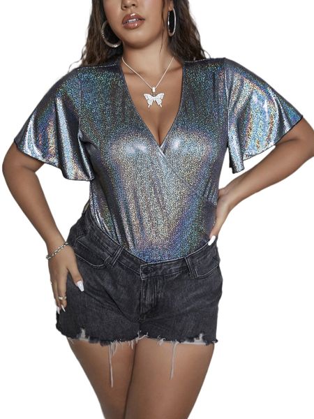

plus surplice neck butterfly sleeve metallic bodysuit o604#, Black