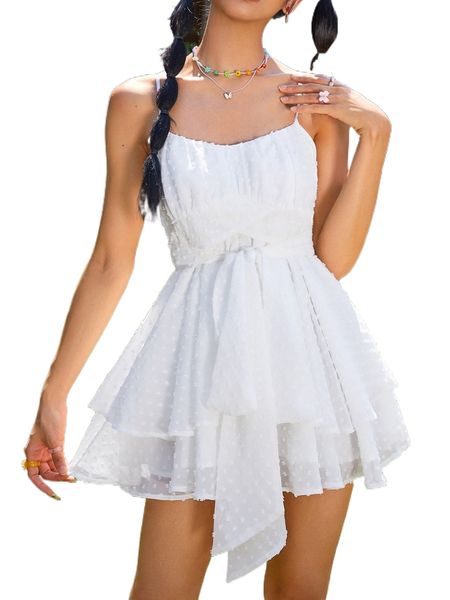 

swiss dot layered hem belted cami romper k0n3#, Black;white