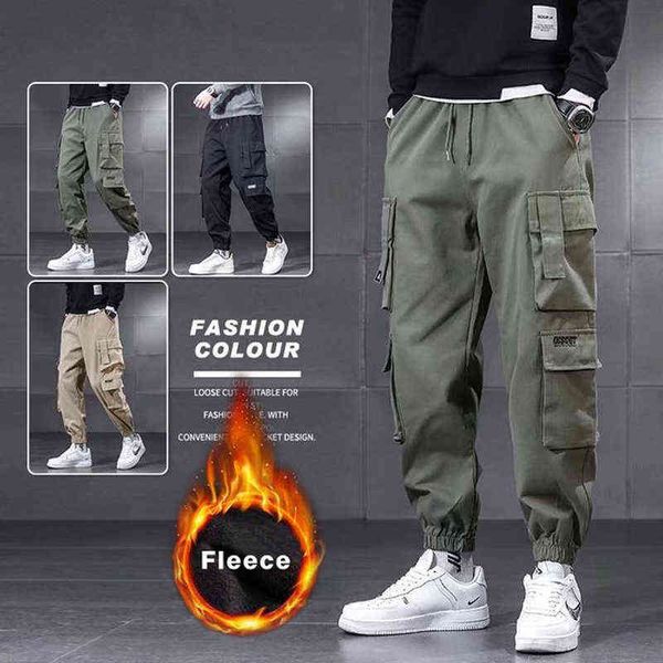 Kış Kalın Sıcak Polar Kargo Pantolon Erkekler Yeni Sokak Giyim Artı Beden Siyah Joggers Erkek Günlük Termal Pantolon XL J220629