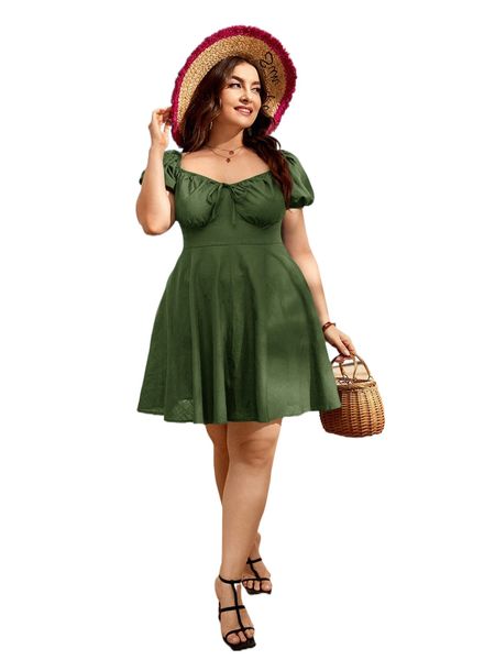 

plus sweetheart neck puff sleeve tie front dress i1p0#, Black