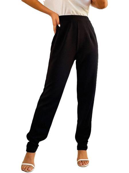 

solid high waist fold pleated pants j57b#, Black;white