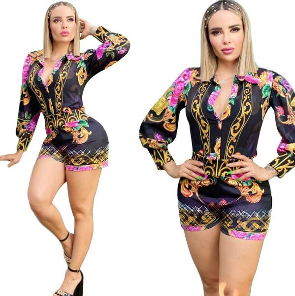 

j2693 european and american women's tracksuits colorful casual printed shirts long sleeves two piece shorts suit, Gray