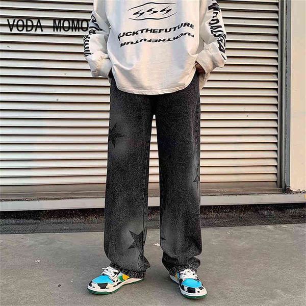 

vintage gothic men women straight loose jeans star printed men high street black denim trousers y2k summer spring streetwear t220726, Blue