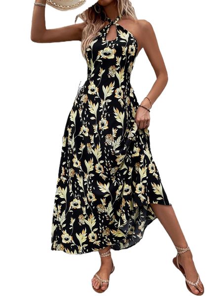 

floral print halter neck backless knot dress 32dy#, Black;gray