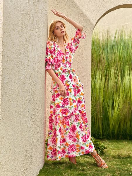 

floral flounce sleeve ruffle detail dress z4zb#, Black;gray