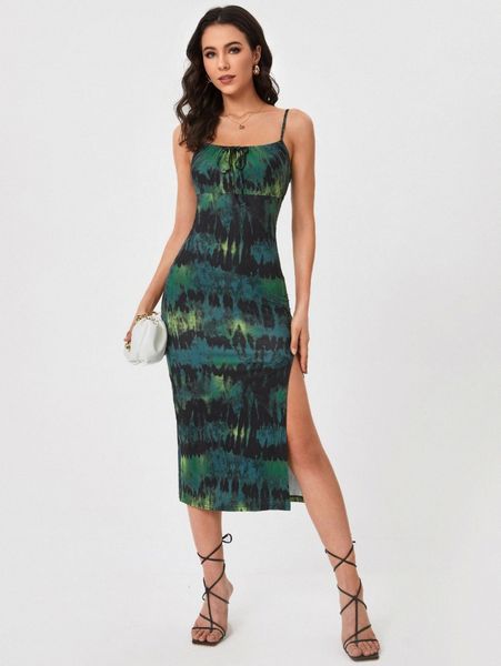 

tall ruched bust high split tie dye dress t7bw#, Black;gray