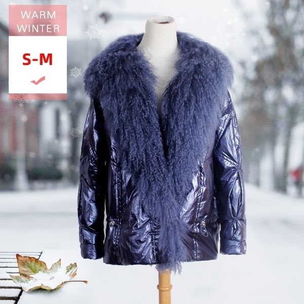 

winter thick white duck down coat with tibet sheep fur collar female waterproof and windproof casual feather jacket with button y201026, Black