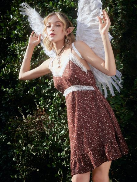 

romwe ditsy floral contrast lace ruffle hem dress t009#, Black;gray